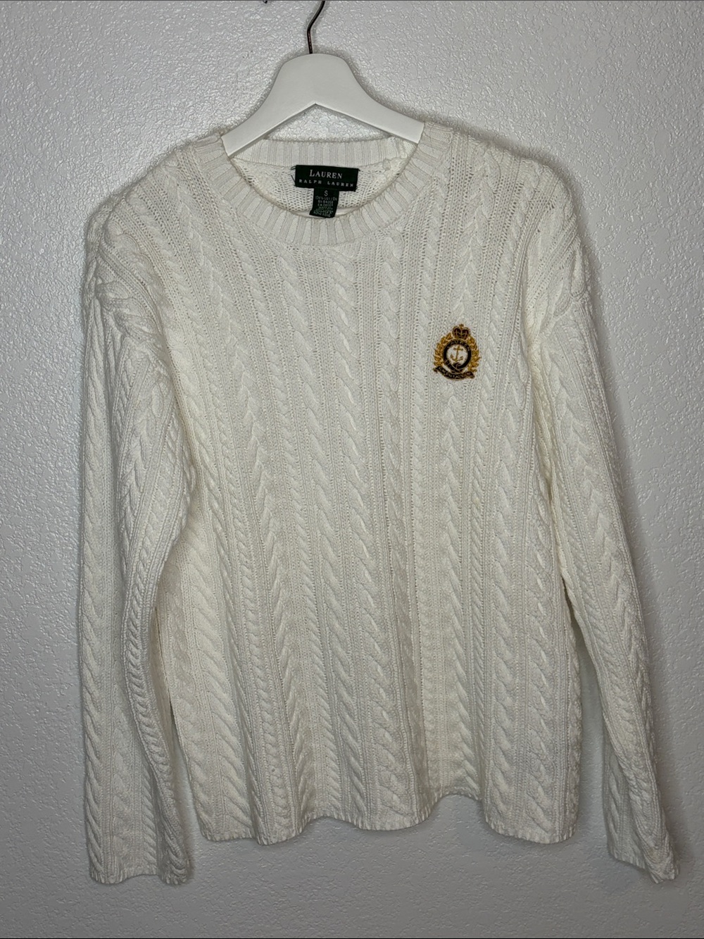 Lauren Ralph Lauren White Embroidered Crest Cable Knit Fisherman Sweater Size Sm